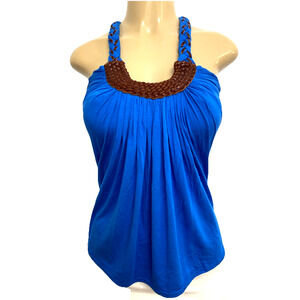Sky Top Blouse Sleeveless Halter Neck Embellished Braided Royal Blue Shirt S